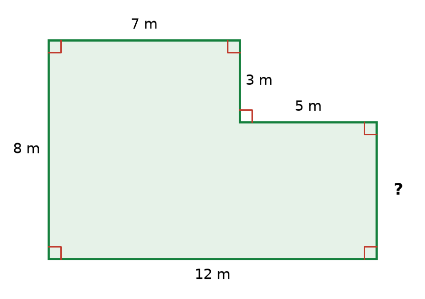 Plan d'un jardin en forme de L à angles droits, côtés de 12 m, 8 m, 7 m, 3 m, 5 m et un côté inconnu marqué d'un point d'interrogation