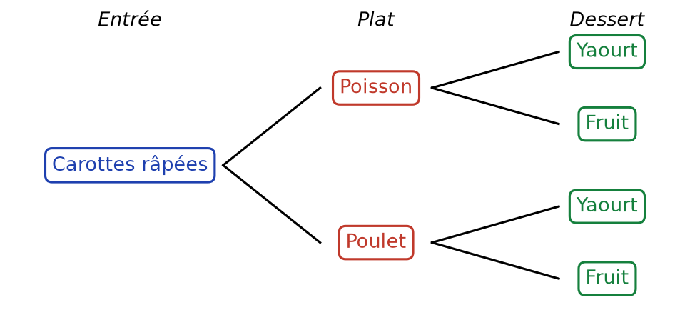 Arbre partant des carottes râpées vers poisson et poulet, puis chacun vers yaourt et fruit, soit quatre branches