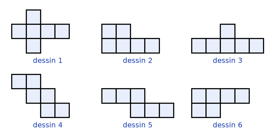 Six assemblages numérotés de six carrés : une croix, deux lignes de quatre et deux, cinq carrés alignés, un escalier et deux autres formes