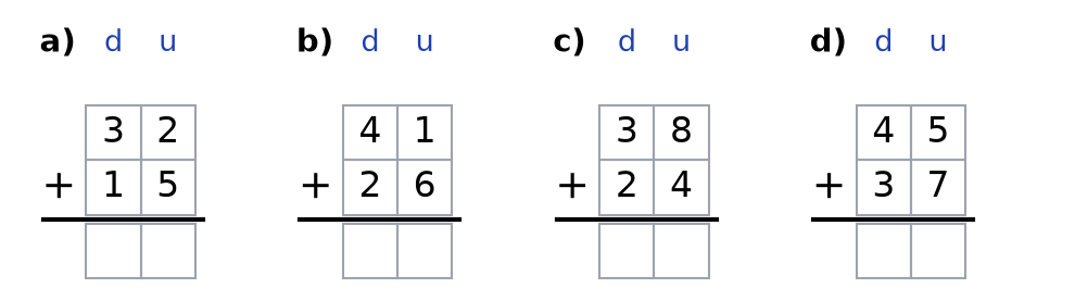 Quatre additions posées en colonnes dizaines et unités : 32 + 15, 41 + 26, 38 + 24 et 45 + 37