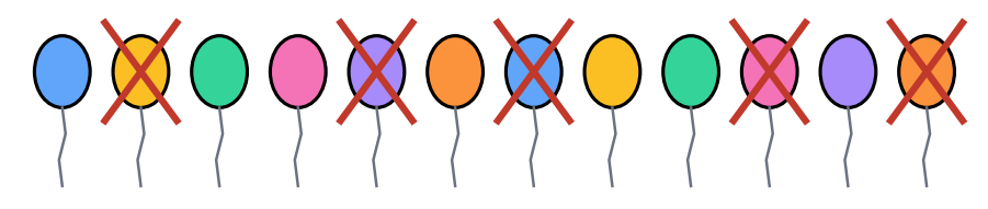 Douze ballons de couleur alignés, dont cinq sont barrés d'une croix rouge