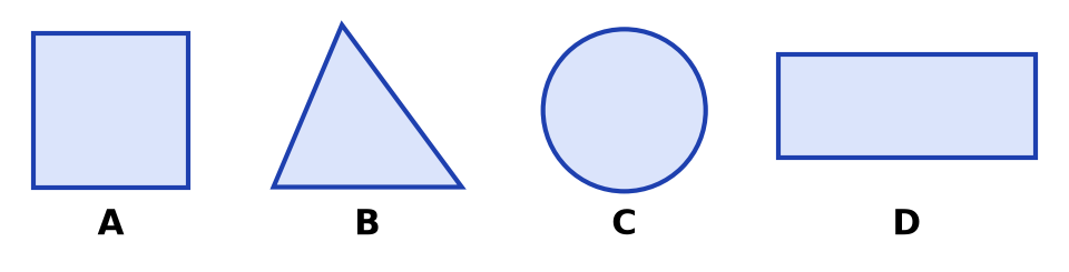 Quatre formes notées A à D : A un carré, B un triangle, C un rond, D un rectangle allongé