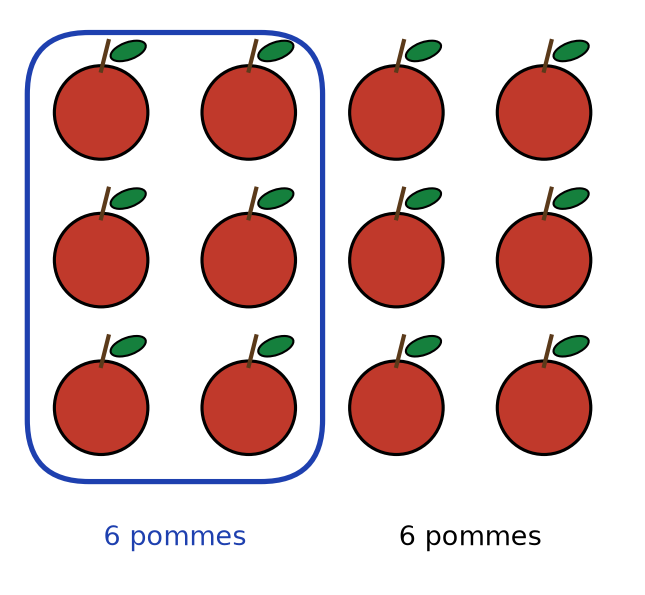 Les douze pommes avec les deux premières colonnes, soit six pommes, entourées en bleu, et six pommes non entourées