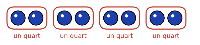 Les huit billes rangées en quatre paquets de deux billes, chaque paquet entouré en rouge et nommé un quart