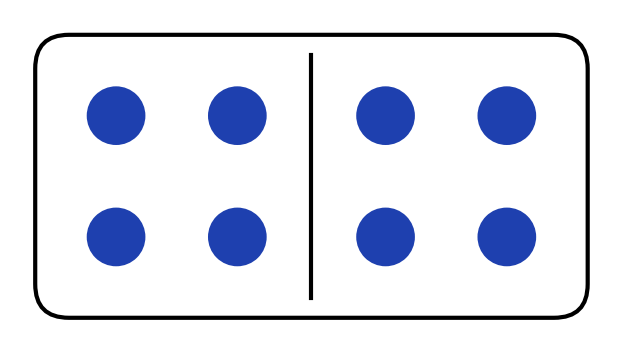 Domino avec quatre points bleus dans la partie gauche et quatre points bleus dans la partie droite