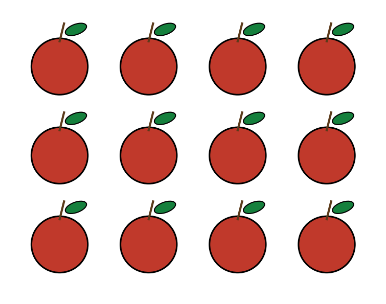 Douze pommes rouges rangées en trois rangées de quatre pommes