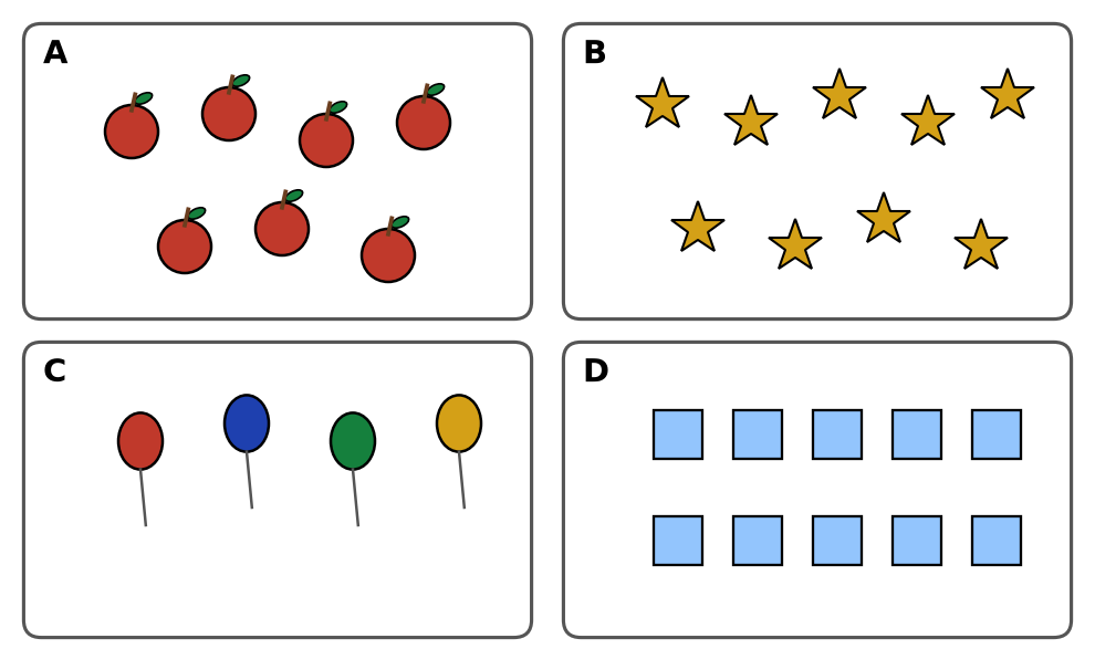 Quatre cadres : A avec 7 pommes, B avec 9 étoiles, C avec 4 ballons, D avec 10 cubes bleus