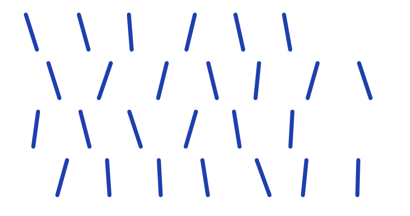 Vingt-six bâtonnets bleus dessinés en vrac sur quatre rangées de 6, 7, 6 et 7 bâtonnets