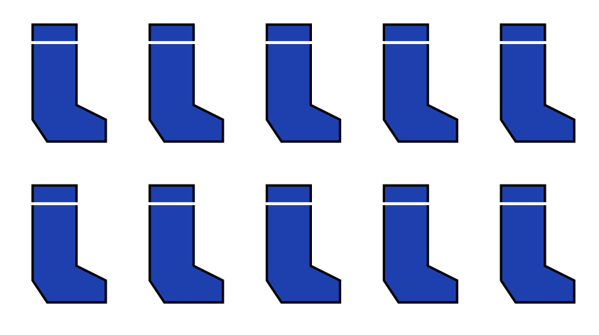 Dix chaussettes bleues identiques rangées en deux lignes de cinq