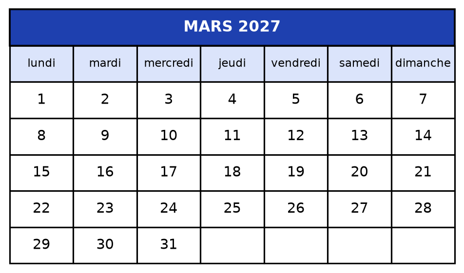 Calendrier de mars 2027 avec les colonnes lundi à dimanche ; le 1er mars est un lundi et le mois finit le mercredi 31