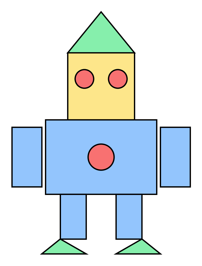 Robot colorié : trois cercles en rouge, trois triangles en vert, cinq rectangles en bleu et la tête carrée en jaune