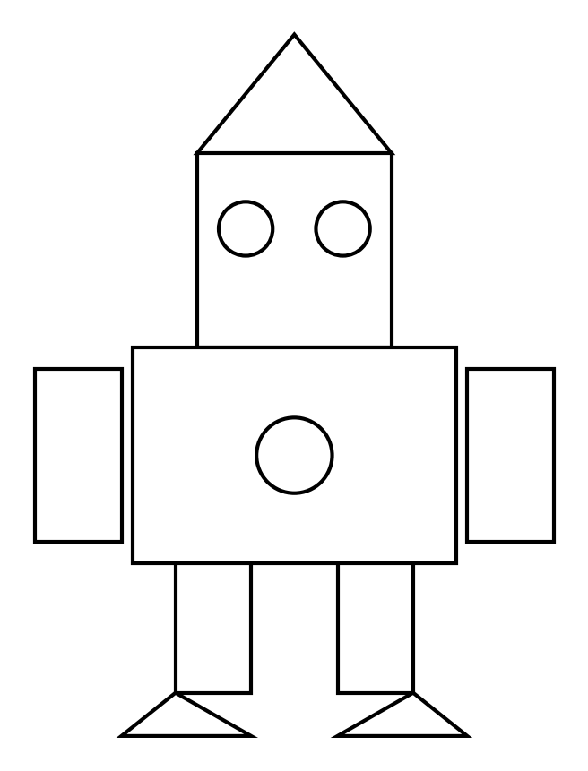 Robot dessiné avec des formes : chapeau triangle, tête carrée avec deux yeux ronds, corps rectangle avec un bouton rond, bras et jambes rectangles, pieds triangles