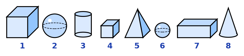 Huit solides numérotés de 1 à 8 : cubes, boules, cylindre, pyramide, pavé allongé et cône dessinés en perspective