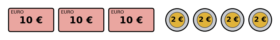 Trois billets de 10 euros et quatre pièces de 2 euros alignés