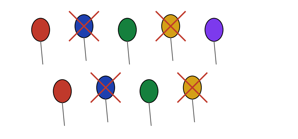 Neuf ballons de couleur ; quatre d'entre eux sont barrés d'une croix rouge