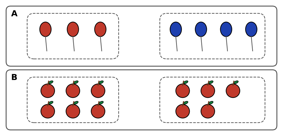 Ligne A : un groupe de 3 ballons rouges et un groupe de 4 ballons bleus ; ligne B : un groupe de 6 pommes et un groupe de 5 pommes