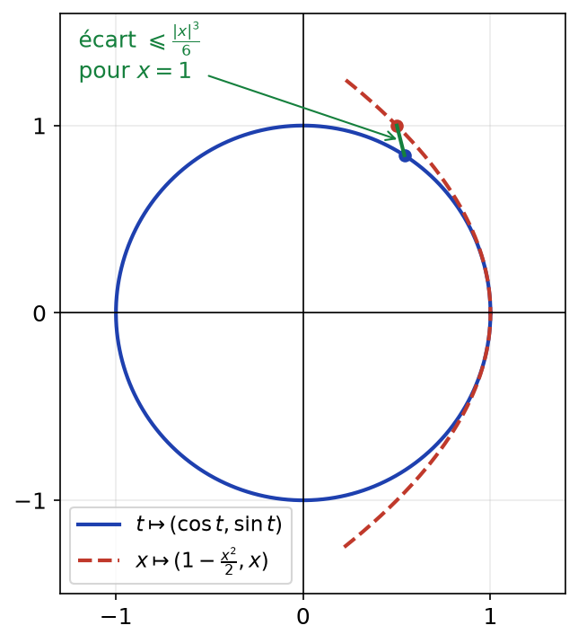 Cercle unité et courbe approchée x ↦ (1 − x²/2, x), avec l'écart entre les deux points pour x = 1