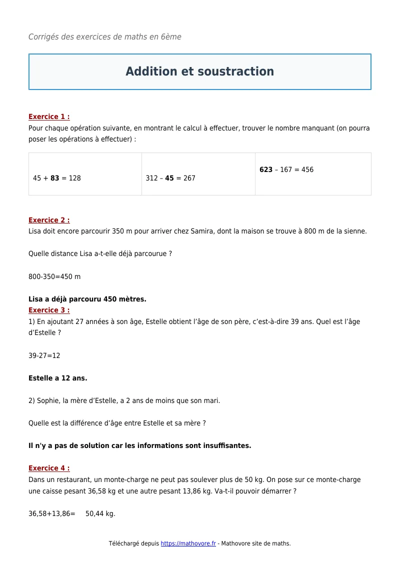 Exercices corrigés de maths en 6ème : Addition et soustraction à imprimer en PDF