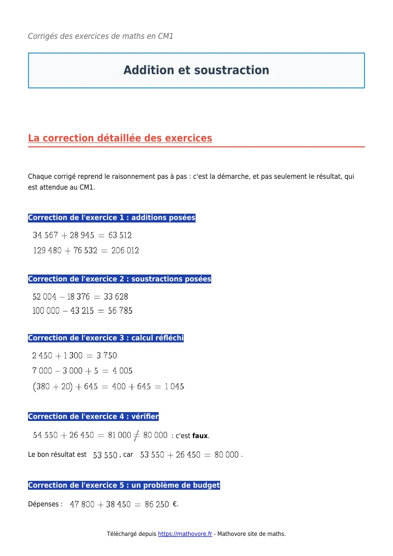 Exercices corrigés de maths en CM1 : Addition et soustraction à imprimer en PDF