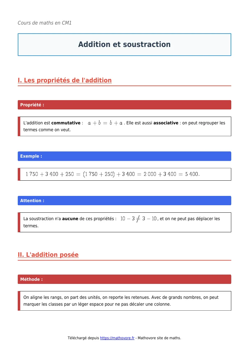 Cours de maths en CM1 : Addition et soustraction à télécharger en PDF