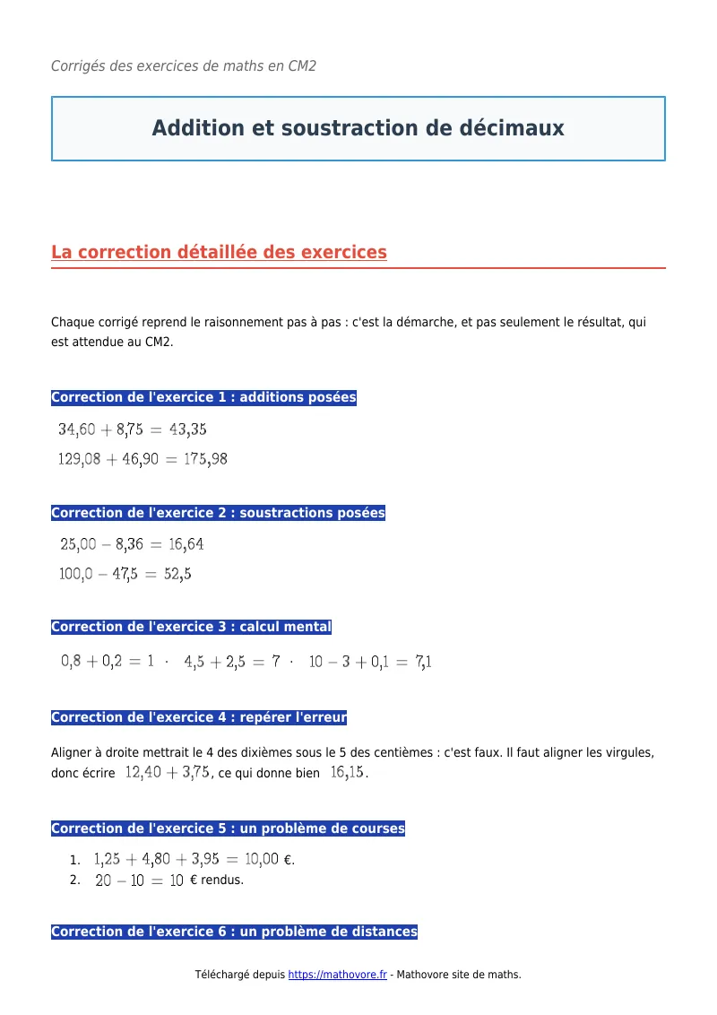 Exercices corrigés de maths en CM2 : Addition et soustraction de décimaux à imprimer en PDF