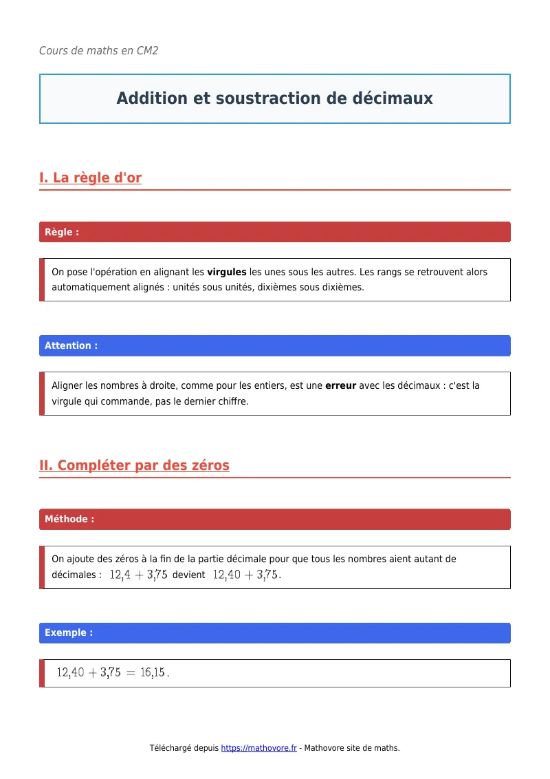 Cours de maths en CM2 : Addition et soustraction de décimaux à télécharger en PDF