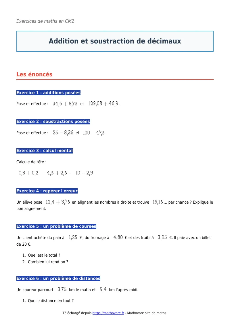 Exercices corrigés de maths en CM2 : Addition et soustraction de décimaux à imprimer en PDF