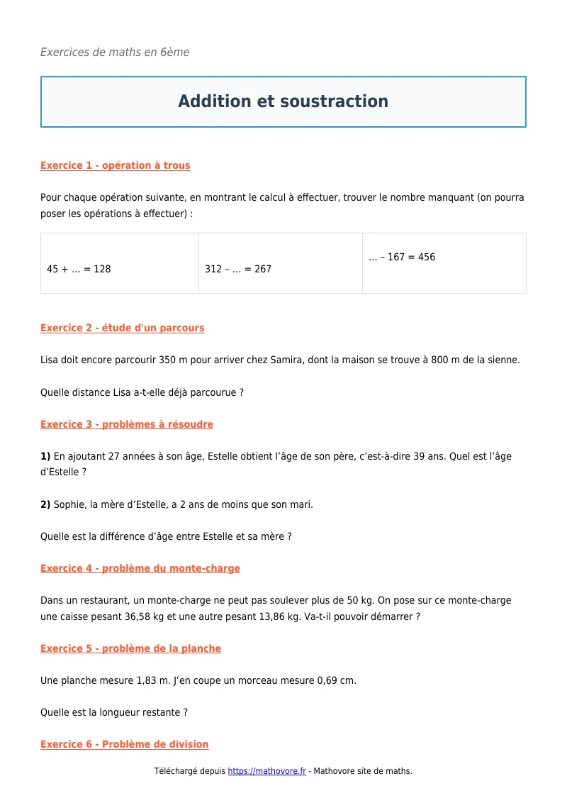 Exercices corrigés de maths en 6ème : Addition et soustraction à imprimer en PDF