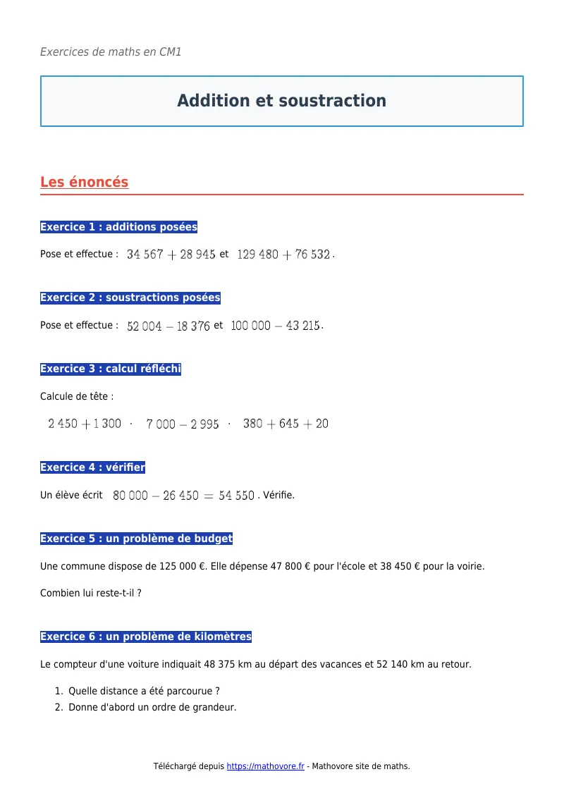 Exercices corrigés de maths en CM1 : Addition et soustraction à imprimer en PDF