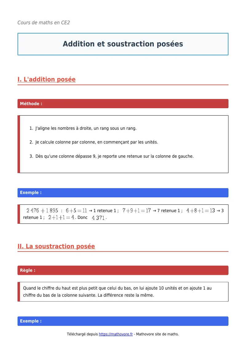 Cours de maths en CE2 : Addition et soustraction posées à télécharger en PDF