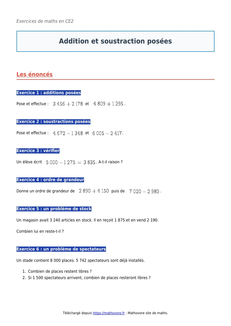 Exercices corrigés de maths en CE2 : Addition et soustraction posées à imprimer en PDF