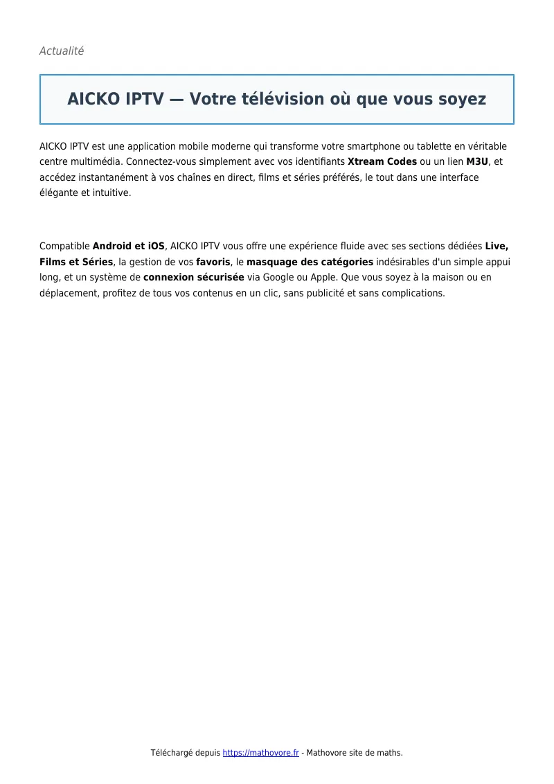 AICKO IPTV — Votre télévision où que vous soyez : fiche de maths à télécharger en PDF