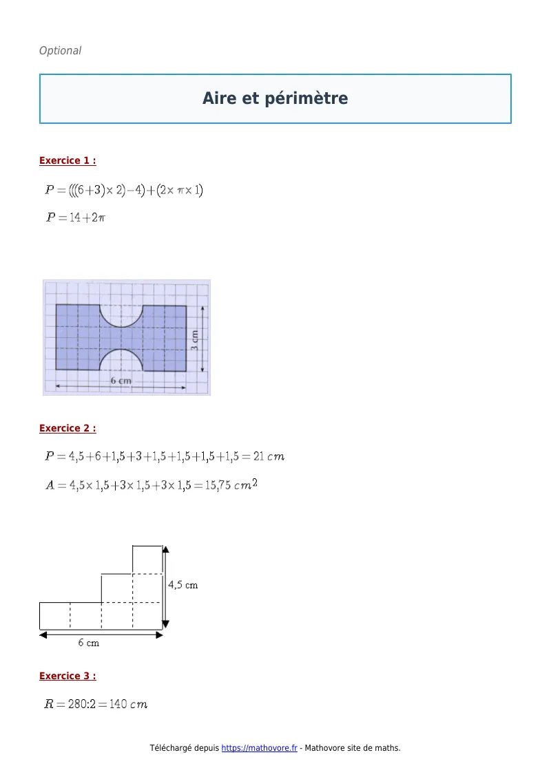 Exercices corrigés de maths en 5ème : Aire et périmètre à imprimer en PDF