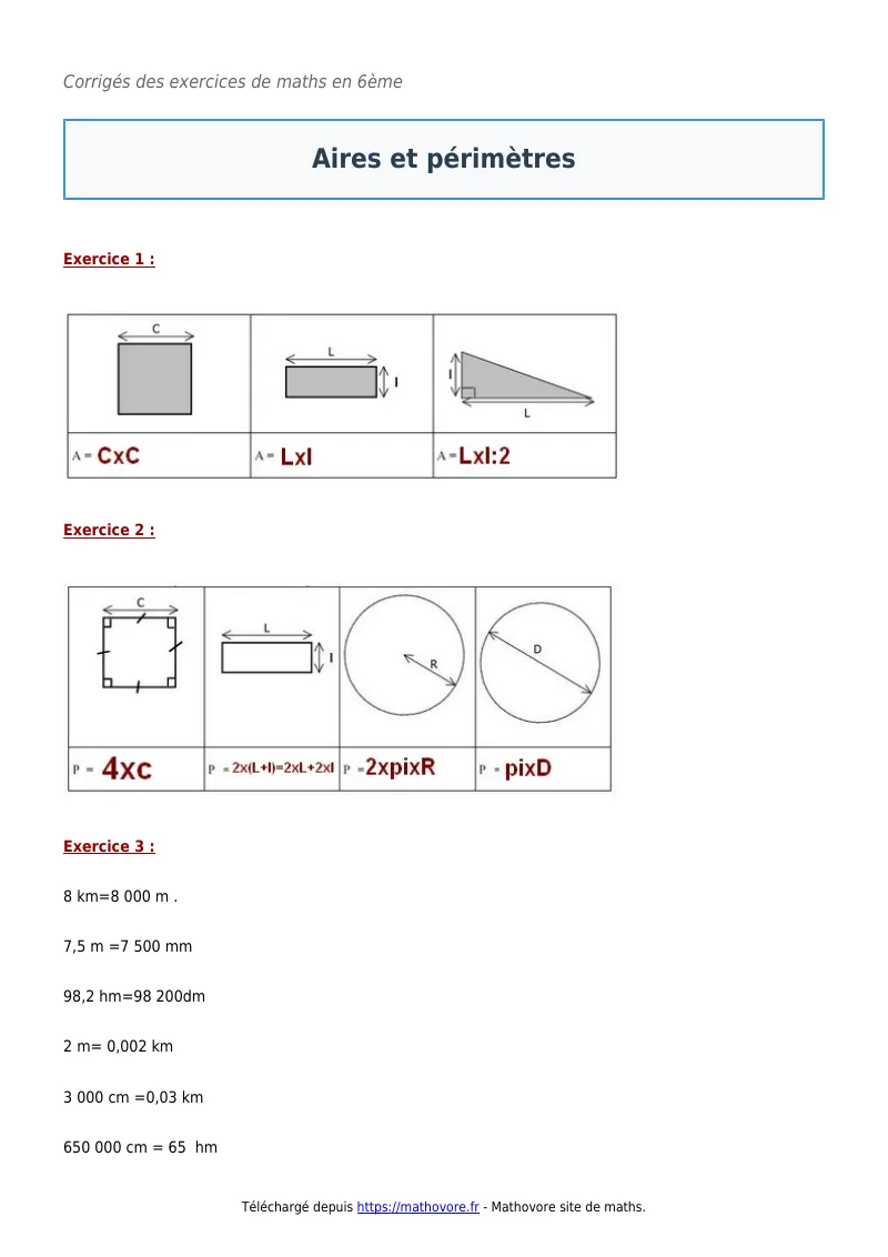 Exercices corrigés de maths en 6ème : Aires et périmètres à imprimer en PDF