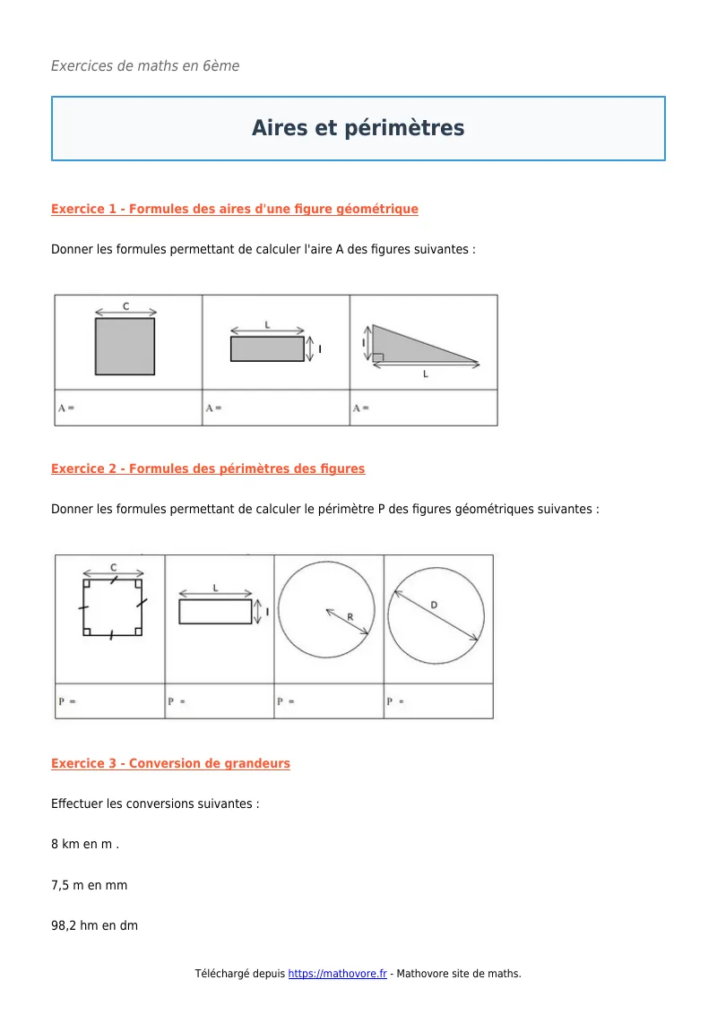 Exercices corrigés de maths en 6ème : Aires et périmètres à imprimer en PDF