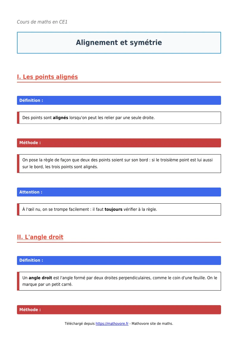 Cours de maths en CE1 : Alignement et symétrie à télécharger en PDF