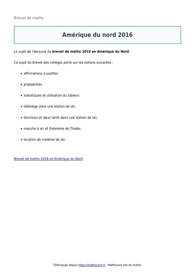 Brevet de maths : Amérique du nord 2016 corrigé en PDF
