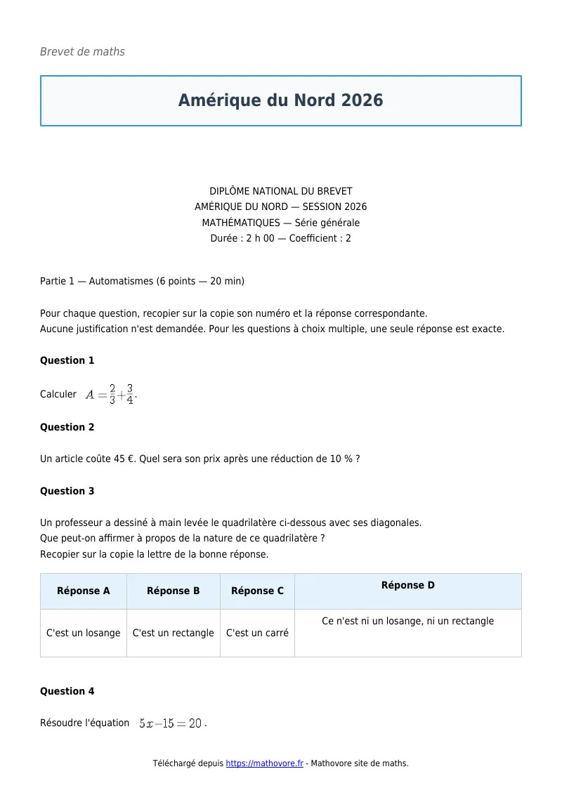 Brevet de maths : Amérique du Nord 2026 corrigé en PDF