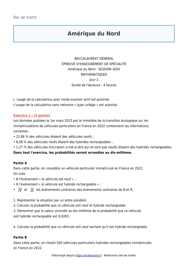 Bac de maths : Amérique du Nord corrigé en PDF