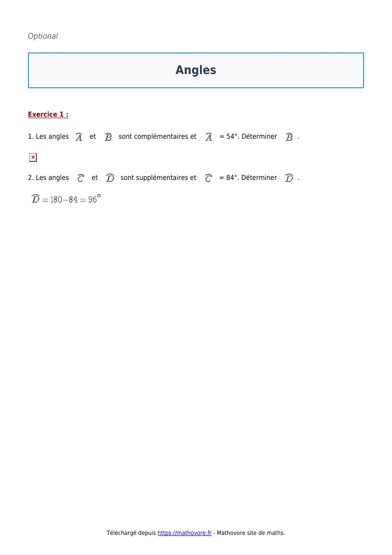 Exercices corrigés de maths en 5ème : Angles à imprimer en PDF