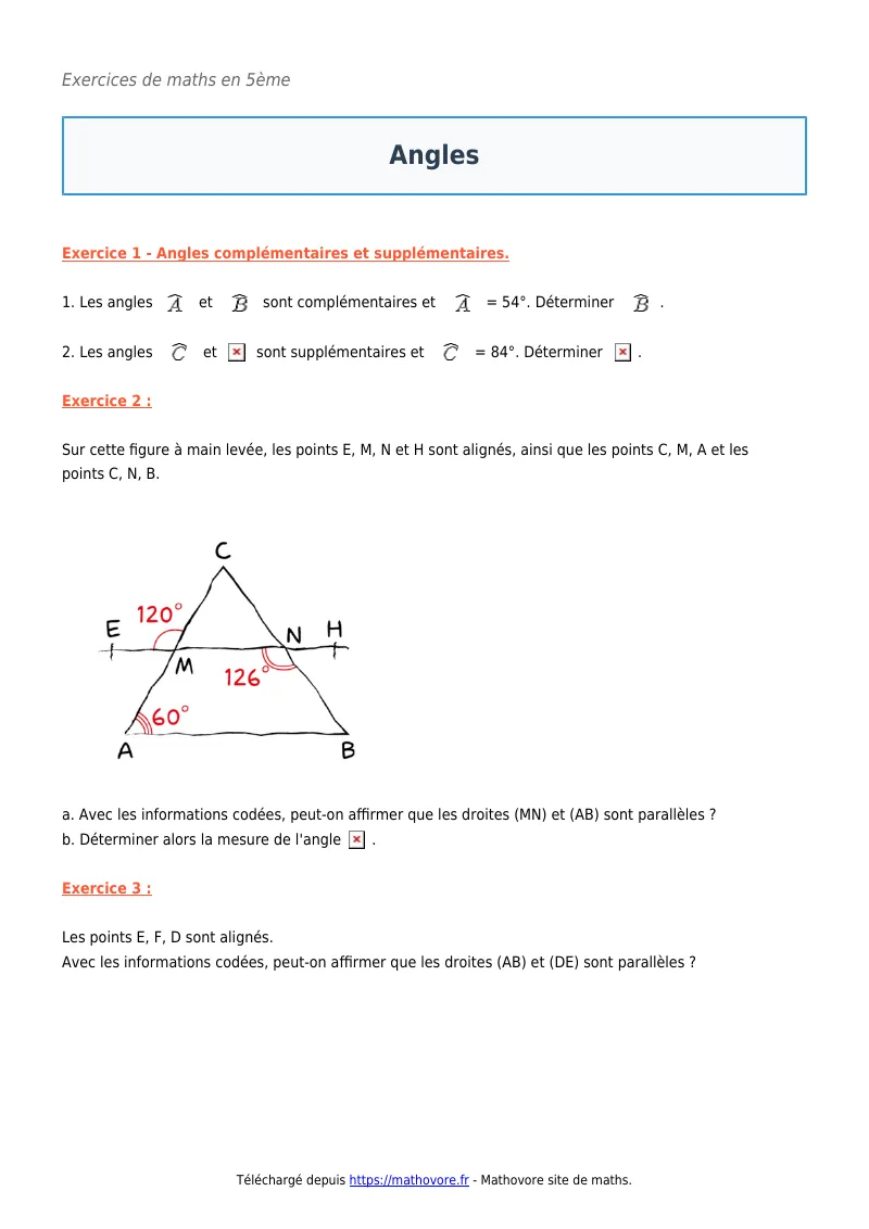 Exercices corrigés de maths en 5ème : Angles à imprimer en PDF
