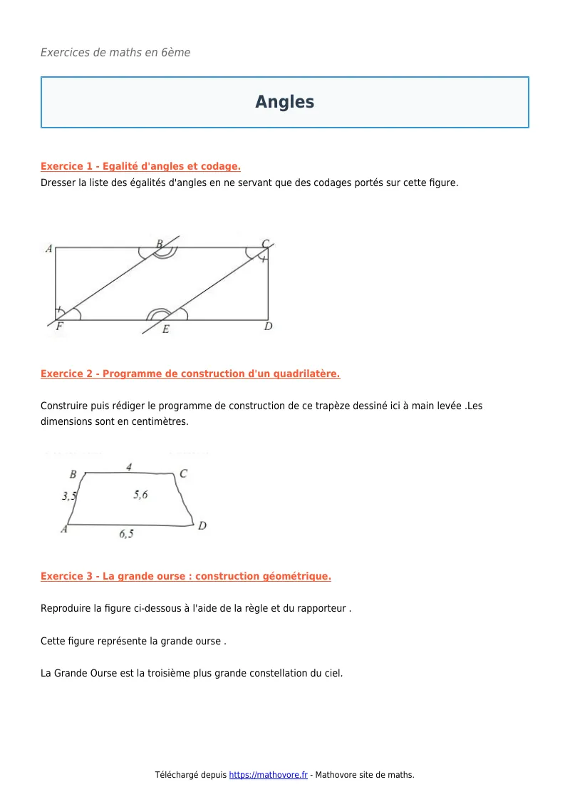 Exercices corrigés de maths en 6ème : Angles à imprimer en PDF