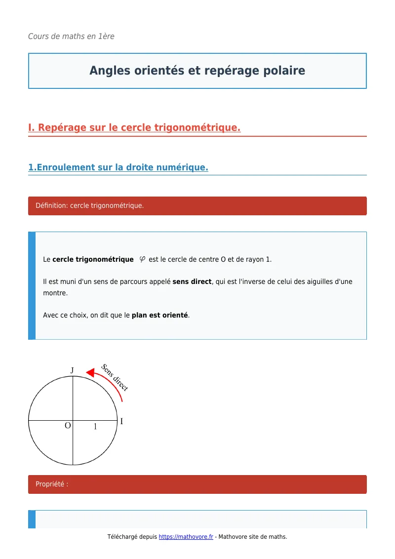 Cours de maths en première : Angles orientés et repérage polaire à télécharger en PDF