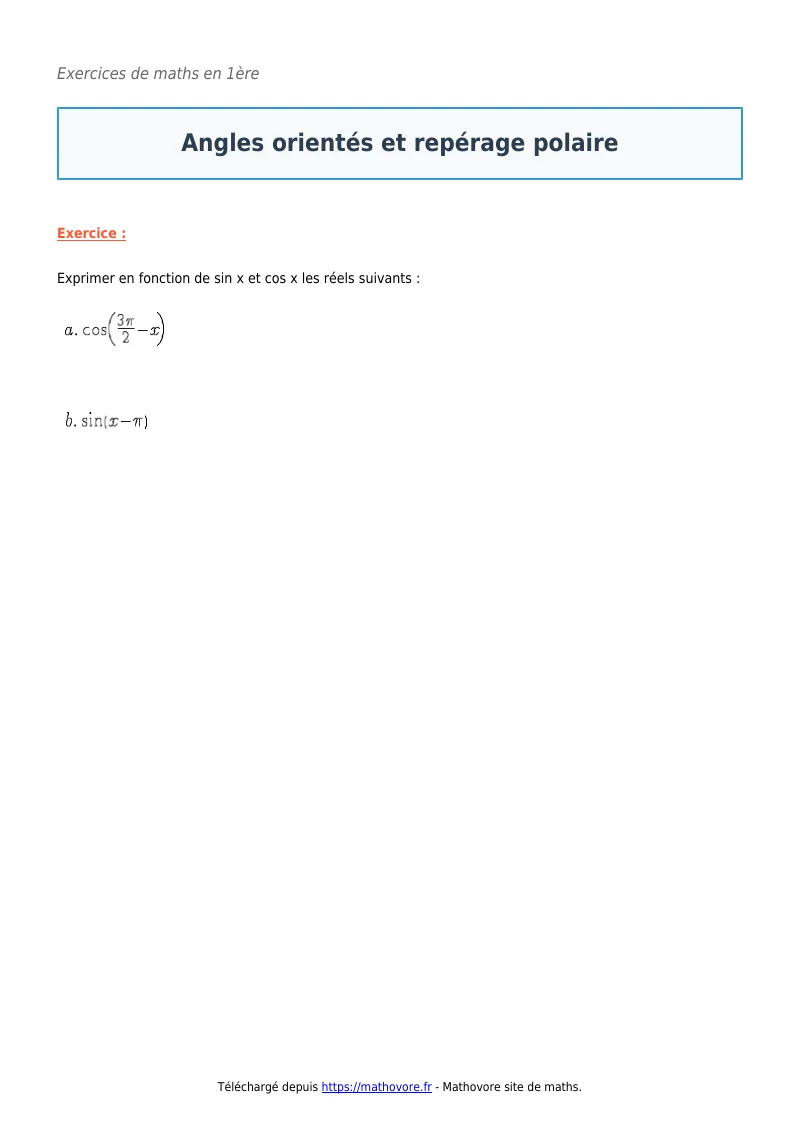 Exercices corrigés de maths en première : Angles orientés et repérage polaire à imprimer en PDF