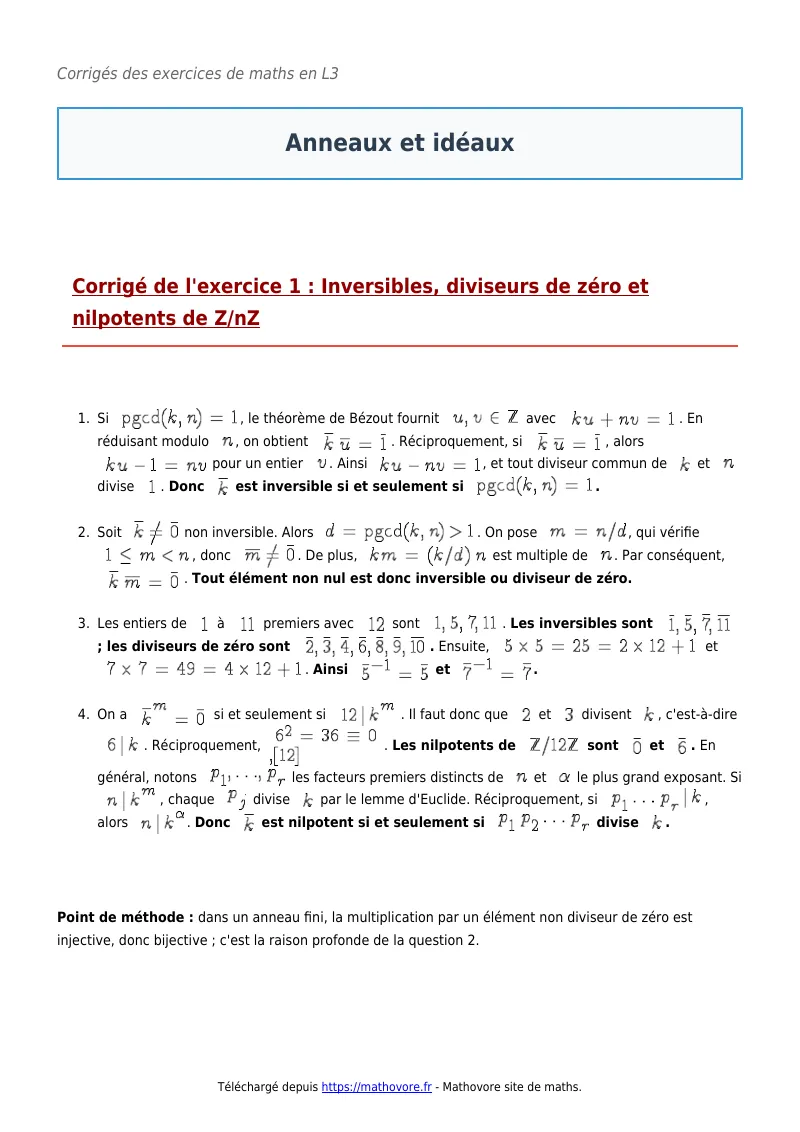 Exercices corrigés de maths en L3 : Anneaux et idéaux à imprimer en PDF