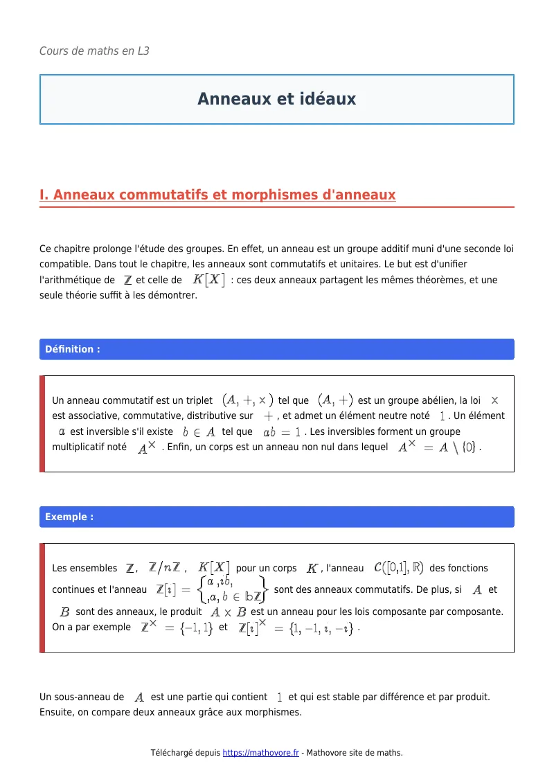 Cours de maths en L3 : Anneaux et idéaux à télécharger en PDF