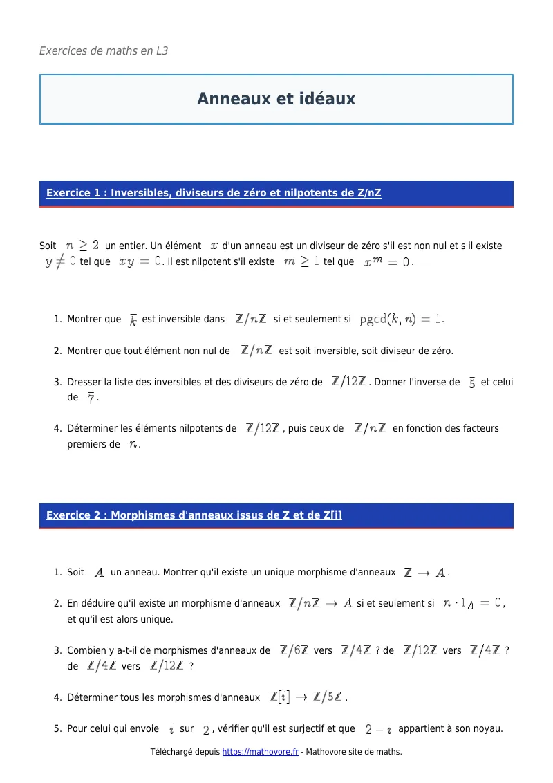 Exercices corrigés de maths en L3 : Anneaux et idéaux à imprimer en PDF