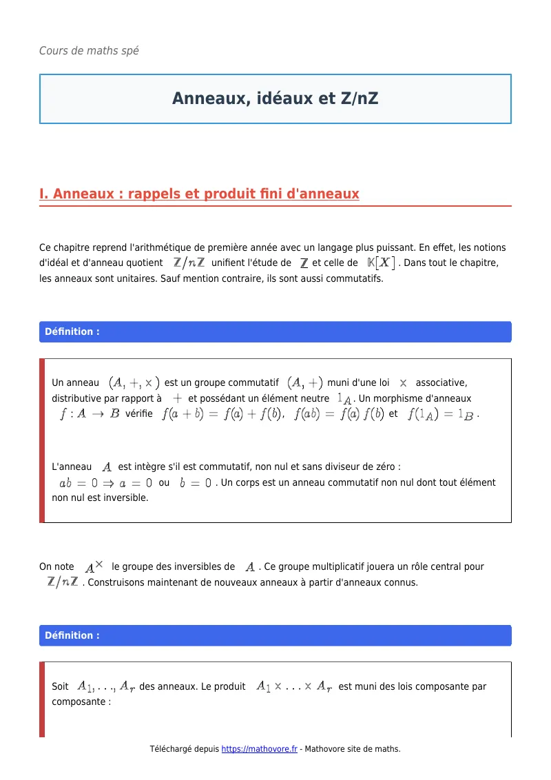 Cours de maths en maths spé : Anneaux, idéaux et Z/nZ à télécharger en PDF