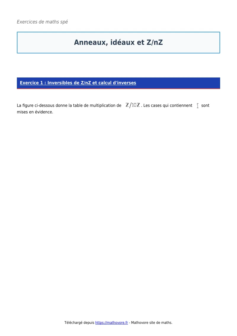 Exercices corrigés de maths en maths spé : Anneaux, idéaux et Z/nZ à imprimer en PDF