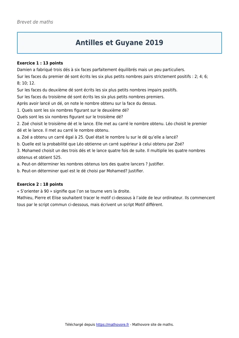 Brevet de maths : Antilles et Guyane 2019 corrigé en PDF